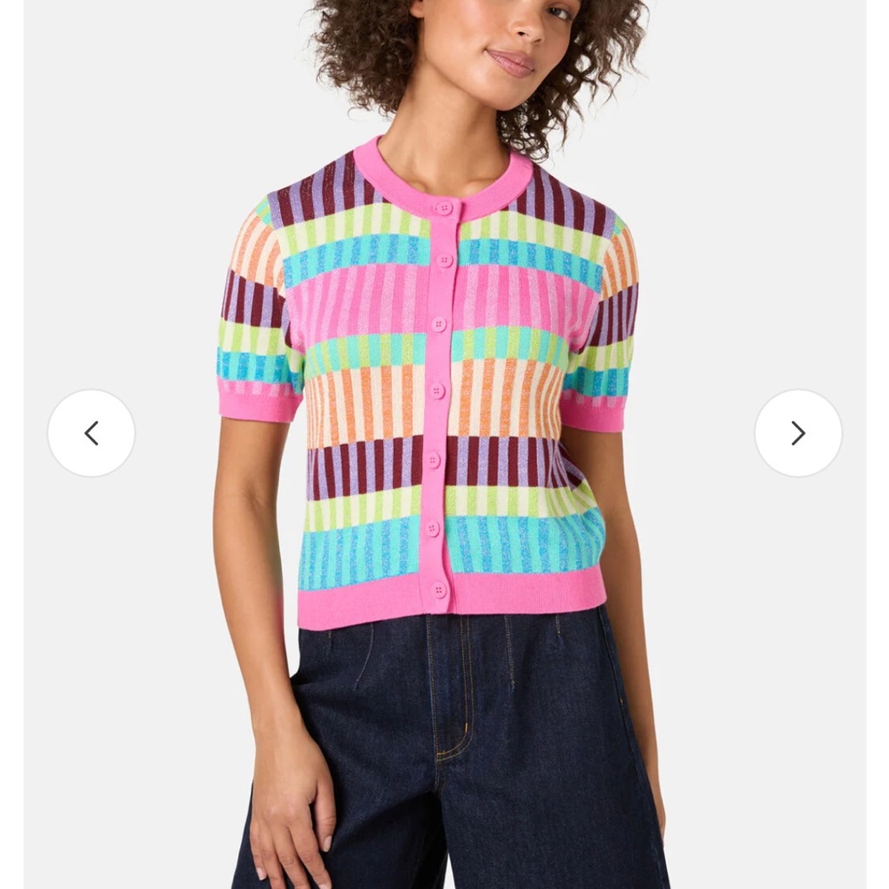 Gorman Australia hot pink & lime striped knit top Short Sleeve cardigan NEW 6